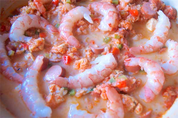 paso 8 receta ingrediente 700 ml de caldo de pollo y verduras, 300 g de gambón pelado